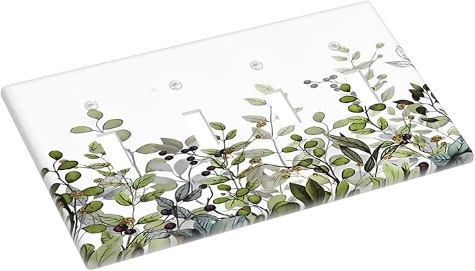 Watercolor Green Eucalyptus Leaves Plants Fruit Light Switch Covers Quad Toggle Electrical Faceplate 4 Gang Wall Plate Decorative Switch Plates for Bed Room Living Room Decor