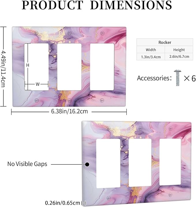 Light Switch Covers Pink Marble Abstract Purple Gold Texture 3 Gang Rocker Electrical GFCI Decorative Triple Outlet Wall Plate Cover Switchplate for Bathroom living Room Decor