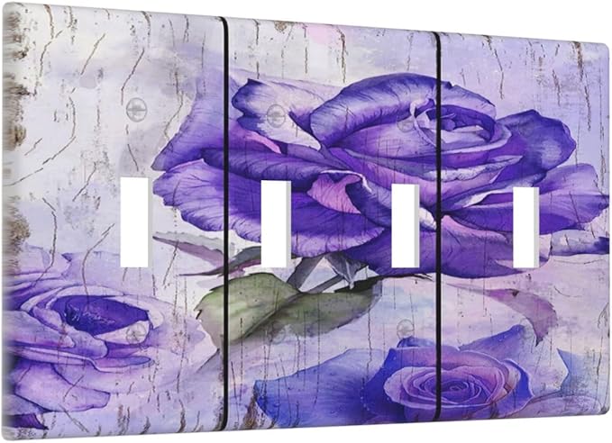 Light Switch Cover Purple Rose Flower Rustic Wood Plank 4 Gang Switch Plate Quad Toggle Wall Plates Decorative Switchplate Electrical Outlet Cover Plates for Farmhouse Bathroom Decor