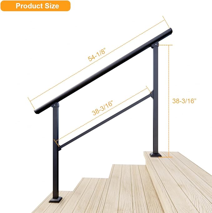 DIYHD 4 Step Handrail for Outdoor,Powder Coated Iron Stair Railing,Black Hand Rails for Indoor, Porch,Deck,2 Pack