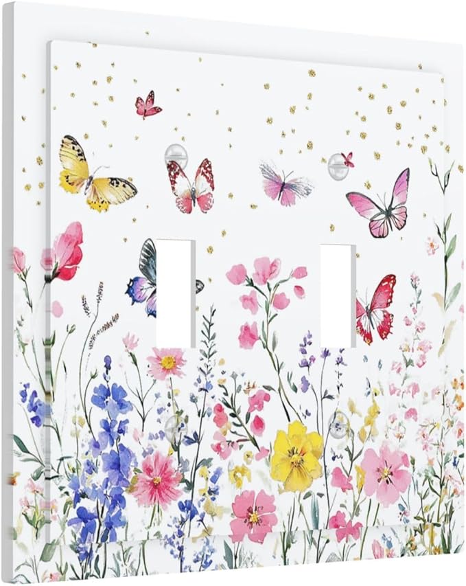 Decorative Switch Plates Watercolor Floral Butterfly Colorful Wildflower 2 Gang Double Toggle Outlet Light Switch Cover Wall Plate Electrical Faceplate For Bed Room Living Room Decor