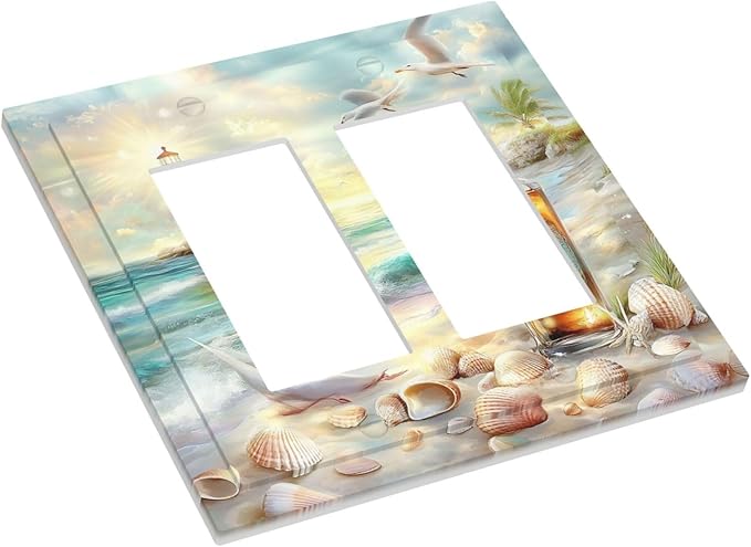 Decorative Outlet Covers Beach Ocean Lighthouse Seashells 2 Gang Double Gfci Rocker Electrical Wall Panels Light Switch Cover Plate For Bed Room Living Room Decor