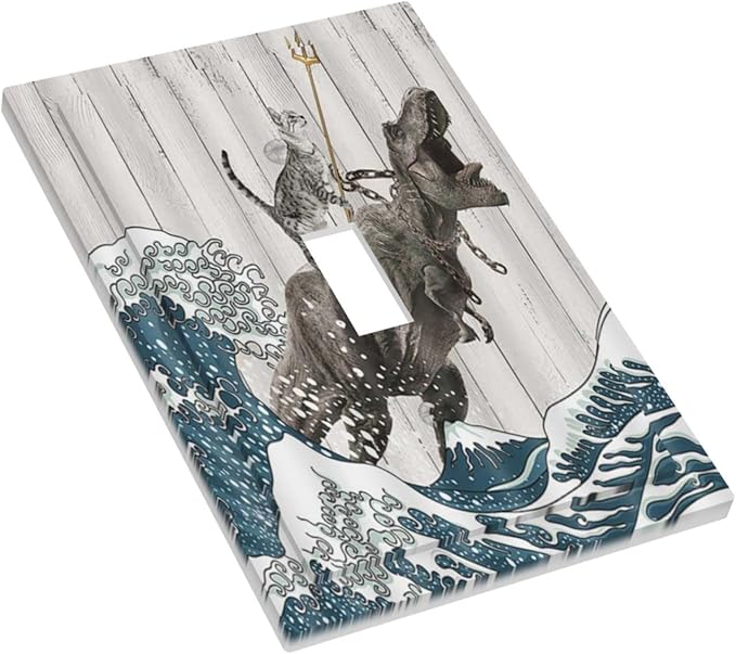 Funny Cat Cool Cat Dinosaur Japanese Sea Waves Wood Single Toggle Light Switch Cover Plate Decorative 1 Gang Wall Plate Cover Electrical Device Switchplate for Farmhouse Bedroom Bathroom Decor