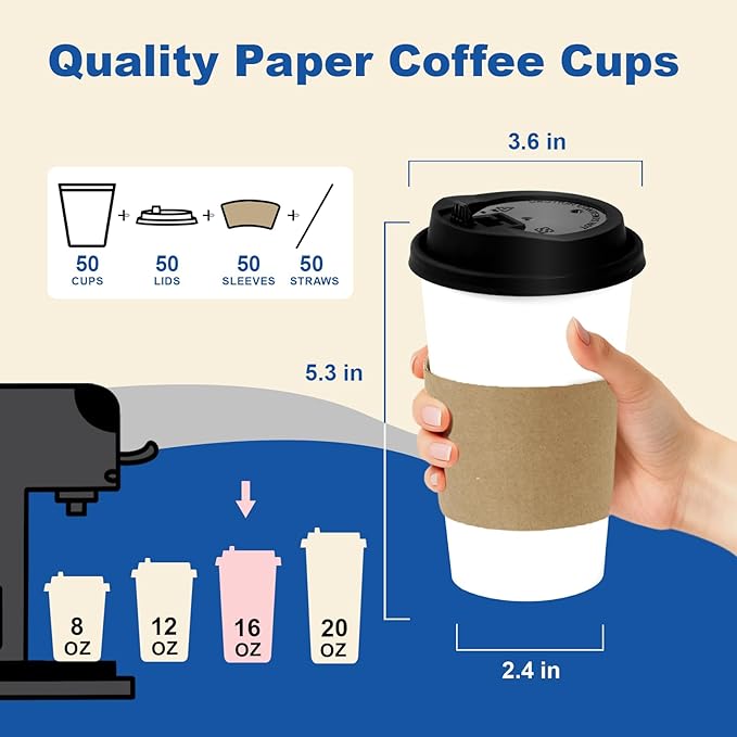 16 oz 50 Pack Coffee Cups with Lids and Sleeves, Straws, Hot Disposable To Go Travel Paper Cups Bulk for Office, Home Coffee Bar Accessories, Chocolate, Cocoa, Beverage (White)