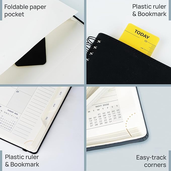 POPRUN 2026 Daily Planner One Page per Day (Medium 6'' x 8.5'') - 12 Months Calendar Appointment Book with Hourly Slots, Inner Pocket, Monthly Tabs, Pen Holder - Pacific Green