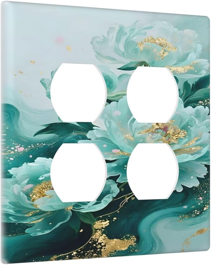 Decorative Switch Plate Covers Gold Green Floral Gilt Marble Flower 2 Gang Outlet Covers Double Duplex Light Switch Cover Plate Gfci Wall Plate for Bathroom Decor