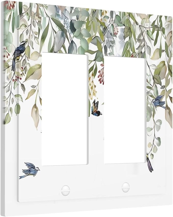 Green Leaf Eucalyptus Leaves Floral Bird Butterfly Decorative Outlet Covers 2 Gang Double GFCI Rocker Electrical Wall Panels Light Switch Cover Plate for Bed Room Living Room Decor