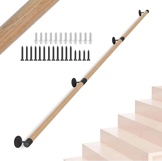 10FT Round Wooden Stair Handrail,Indoor Staircase Handrail,Wall Mount Support Stair Railings, Non-Slip Safety Corridor,Loft,Patio,Guardrail,Home Wood Hand Railings for Elderly,Children,Disable People
