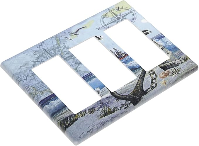 Light Switch Cover Sea Ocean Sand Coast Compass Ship Lighthouse Anchor 3 Gang Wall Plate Triple Light Switch Plate Rocker GFCI Outlet Covers Decorative Receptacle Cover for Bathroom Decor