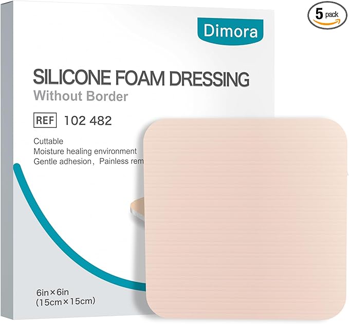 Dimora Silicone Foam Dressing Without Border - 6"x 6" Highly Absorbent Adhesive Bandages for Wounds Cuttable Pads for Wound Care 5 Pack