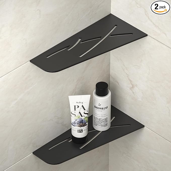 Corner Shower Shelf 12" Matte Black 304 Stainless Steel Quadrilateral Corner Shelves Recessed Bathroom Storage Shampoo Holder Organizer Kitchen Shelf Rack 2 Pack, No Drilling Needed