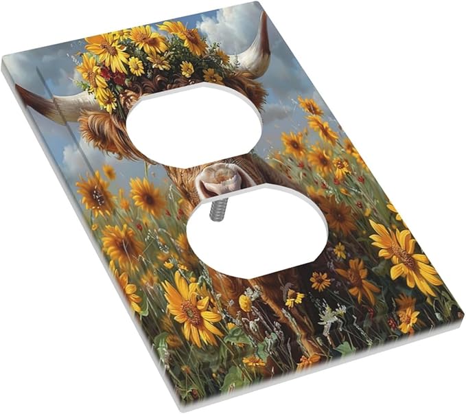 Outlet Covers Vintage Sunflower Highland Cow Rustic Art 1 Gang Duplex Wall Plate Decorative Switch Plates Electrical Receptacle Faceplate Light Switch Cover for Bedroom Farmhouse Decor