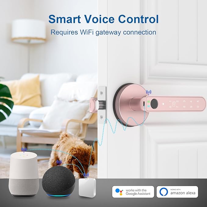 Fingerprint Door Lock, 6-in-1 Smart Door Knob with App Control/Fingerprints/IC Cards/Passwords/2 Keys, Fingerprint Door Knob Biometric Door Lock for Bedroom Apartment-Pink