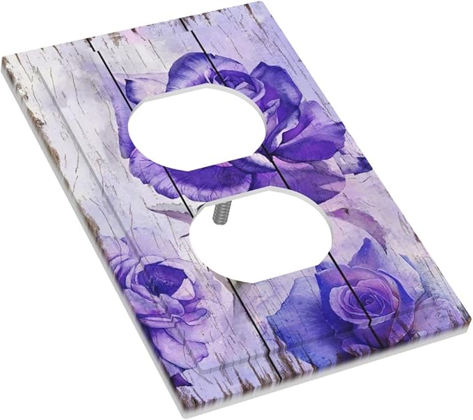 Outlet Covers Purple Rose Flower Rustic Wood Plank 1 Gang Duplex Light Switch Cover Plate Decorative Wall Plates Electrical Switchplate Receptacle Cover for Farmhouse Bathroom Decor