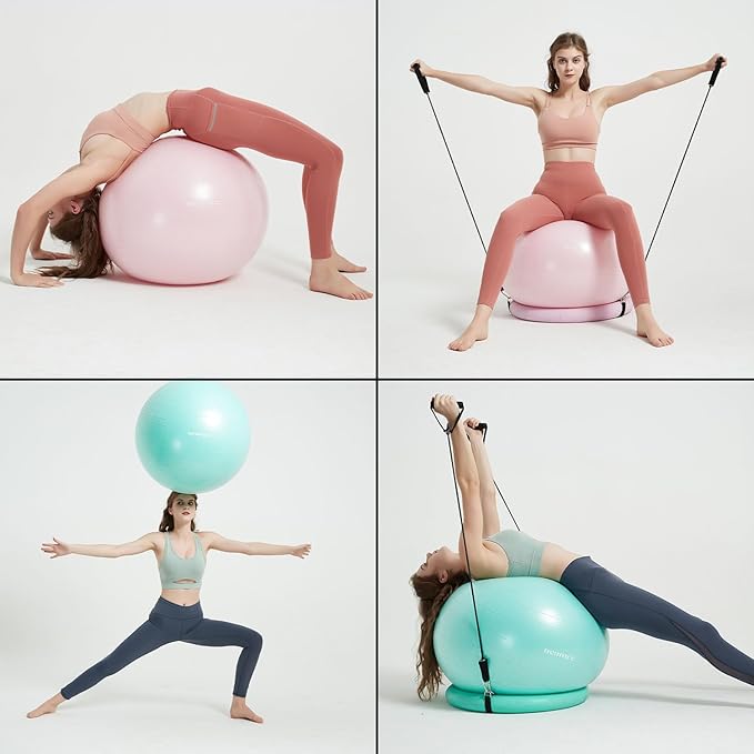 Yoga Ball Chair with 65cm Exercise Ball & 2 Resistance Bands, Stability Base for Home Office, Yoga, Pilates & Fitness, Balance Ball for Posture, Core Strength & Low Impact Workouts