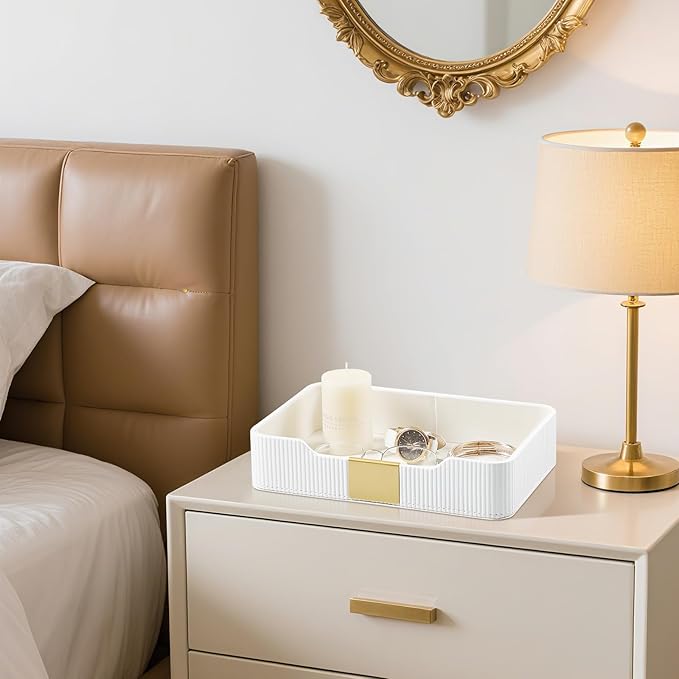 Valet Tray Desktop Storage Organizer, PU Leather Catchall Bedside Vanity Tray with Brass Accents Block Nightstand Organizer for Keys Watch Wallet Phone, Decorative Nightstand Storage (White)
