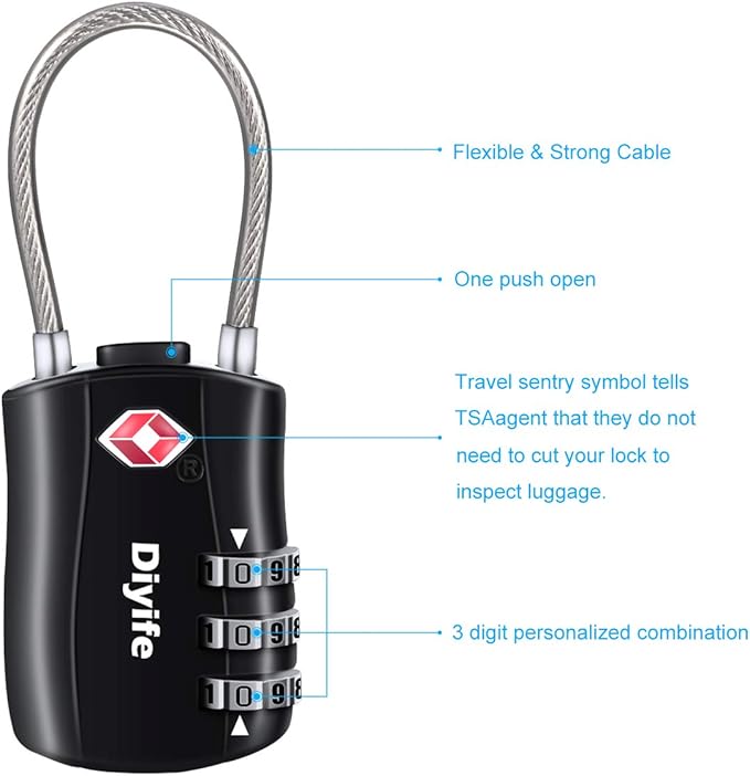 Diyife TSA Approved Locks 4 Pack, Keyless Cable Suitcase Locks, Zinc Alloy, 3 Digit Combination Locks for Travel, Bags, Backpack, Baggage, Black, Blue, Red, Orange