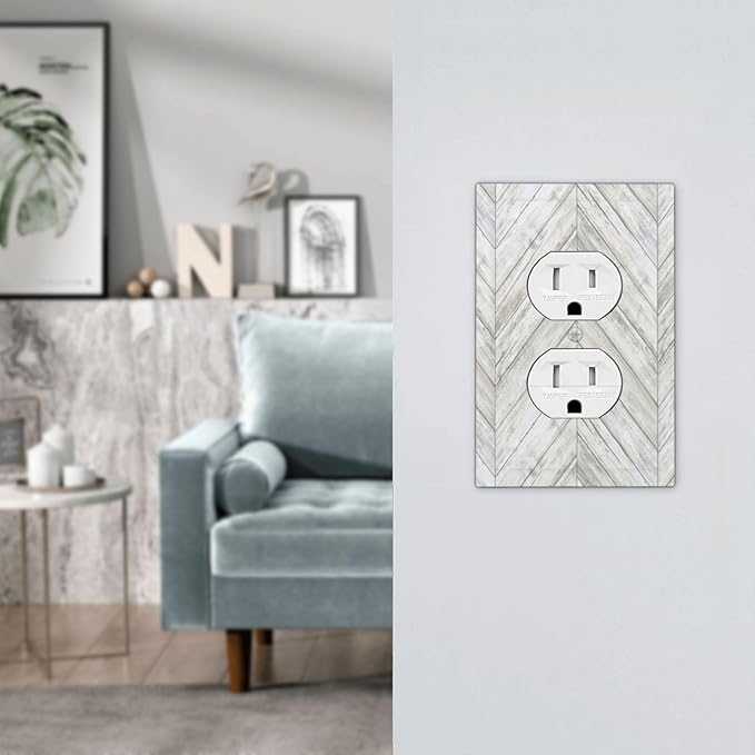 Rustic White Gray Herringbone Wood 1 Gang Outlet Plate Covers Decorative Single Duplex Wall Plate Vintage Country Electrical Faceplate Light Switch Cover Switchplate for Farmhouse Living Room Decor
