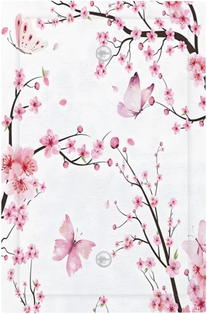 Cherry Floral Watercolor Pink Flowers Butterfly Light Switch Cover Plate 1 Gang No Device Blank Electrical Wall Plates Faceplate Decorative Switch Plate for Bed Room Living Room Decor