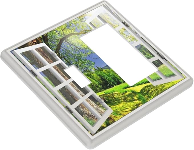 Light Switch Cover Window View Green Rustic Nature Wilderness 2 Gang Toggle Rocker Combo Wall Plates Decorative Switch Plates and Outlet Covers Receptacle Cover for Bathroom Bedroom Decor