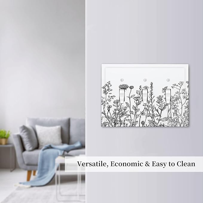 Decorative Switch Plates Floral Wildflower Rustic Plant Leaves 3 Gang Wall Plate Triple Toggle Light Switch Cover Faceplate Electrical Wall Panels For Farmhouse Cabin Decor