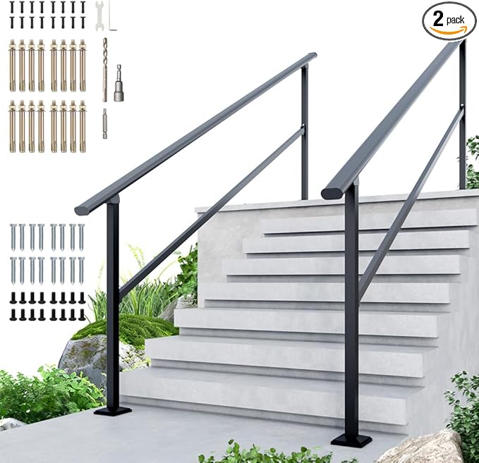 DIYHD 8 Step Handrail for Outdoor,Powder Coated Iron Stair Railing,Black Hand Rails for Indoor, Porch,Deck,2 Pack