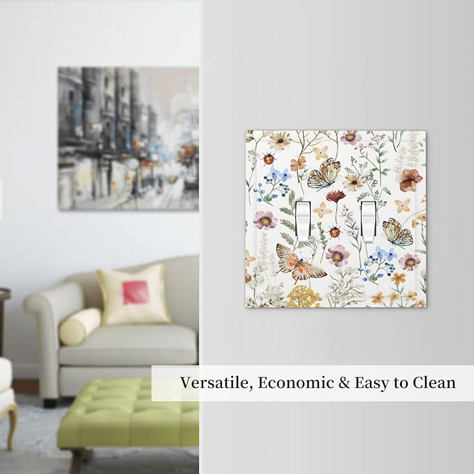 Boho Multicolor Flower Butterfly Insect Floral Decorative Switch Plates 2 Gang Double Toggle Outlet Light Switch Cover Wall Plate Electrical Faceplate for Bedroom Living Room Decor