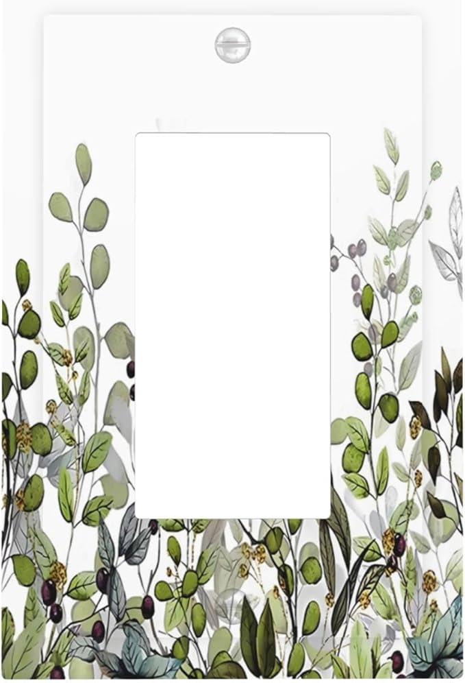 Watercolor Green Eucalyptus Leaves Plants Fruit Decorative Outlet Covers 1 Gang Single Rocker Light Switch Cover Plate Wall Plates GFCI Faceplate for Bed Room Living Room Decor