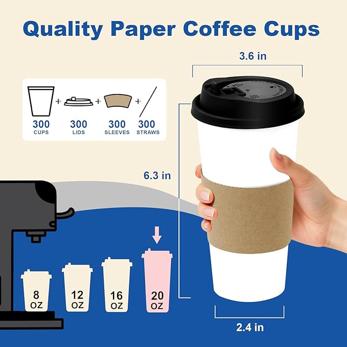 20 oz 300 Pack Coffee Cups with Lids and Sleeves, Straws, Hot Disposable To Go Travel Paper Cups Bulk for Office, Home Coffee Bar Accessories, Chocolate, Cocoa, Beverage (White)