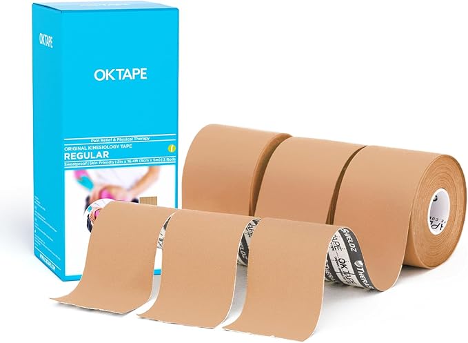 OK TAPE Regular Kinesiology Tape (3 Pack), Original Cotton Athletic Tape for Support Muscle Joint Knee, Sports Waterproof Tape Uncut Strips Latex Free, Hypoallergenic, 2in×16.4ft - Beige
