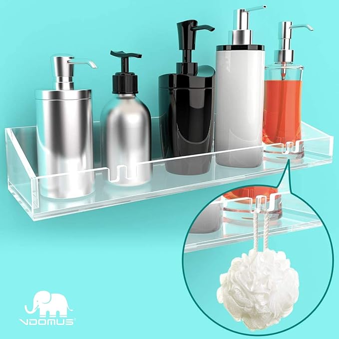 Vdomus Acrylic Bathroom Shelves, Set of 2-4" Dx15 Wx2.25 H Thick Wall Mounted Floating Shelves - Clear Storage and Display Shelving for Bathroom or Kitchen - No Drill Transparent Shower Organizer