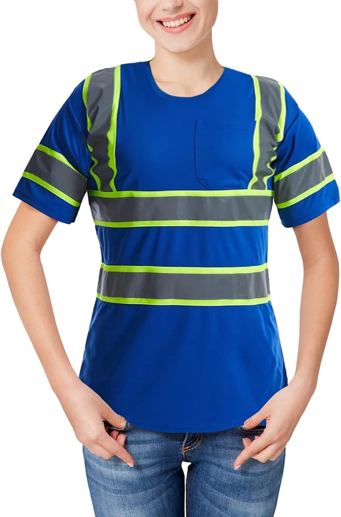 High Visibility Shirts Quick Dry Safety T Shirts with Reflective Strips and Pocket Short Sleeve Mesh Hi Vis Construction Work Class 2 Shirt for Men/Women Blue,5XL
