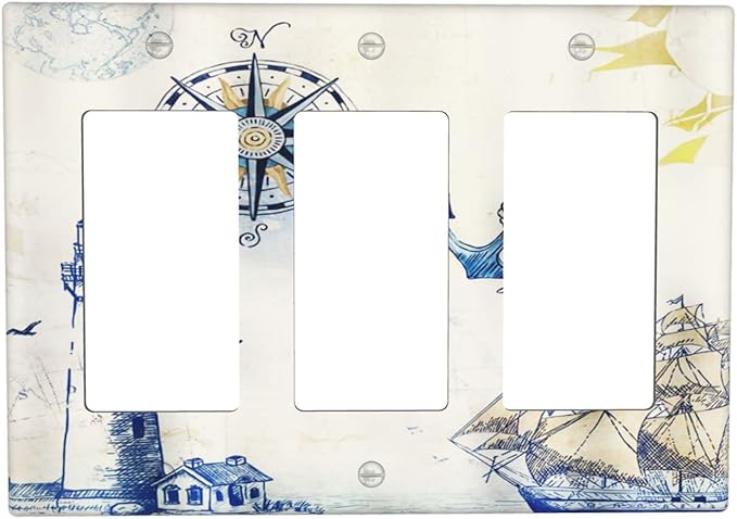 Nautical Sailboat Lighthouse Compass Anchor Triple Rocker Outlet Covers Decorative 3 Gang Light Switch Cover Plate Rustic Gfci Electrical Switchplate Receptacle Wall Plate for Bathroom Decora