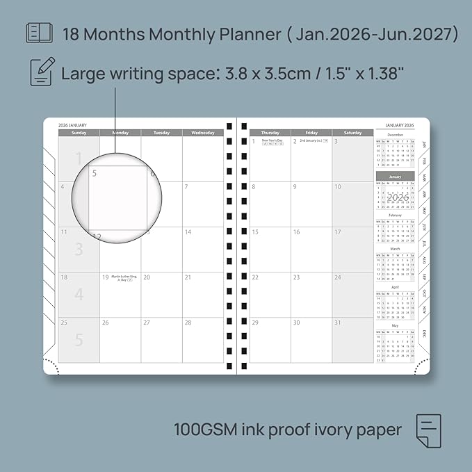 POPRUN Monthly Planner 2026-2027 (Medium 6.5" x 8.5") 18 Months Calendar (Jan 2026 - Jun 2027) - 4 Pages per Month with Expense & Notes, Stair-like tabs, Leather Cover, Sunday Starts - Night Sky Blue