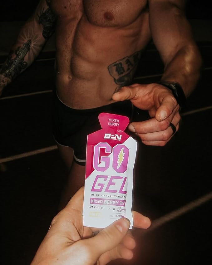 BARE PERFORMANCE NUTRITION, BPN Go Gel Endurance, 24g of Carbohydrates & 100 Calories per Pack, Vegan + Gluten Free Running Gel, 10 Single-Serving Packs, Caffeinated Mixed Berry