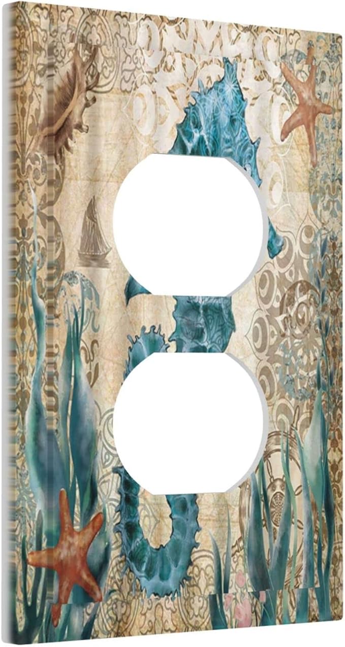 Vintage Blue Seahorse Seaweed Starfish Ocean Nautical Theme 1 Gang Duplex Outlet Cover Faceplate Decorative Wall Plate Single Receptacle Light Switch Cover Electrical Switchplate for Farm Home