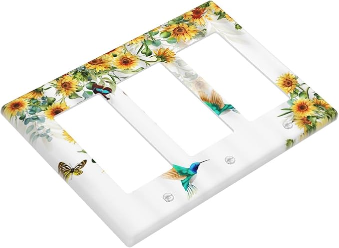 Yellow Sunflower Blue Hummingbird Butterfly Triple Rocker Outlet Covers Decorative Rustic Farmhouse Floral Plant 3 Gang Light Switch Cover Gfci Electrical Switchplate Receptacle Wall Plate