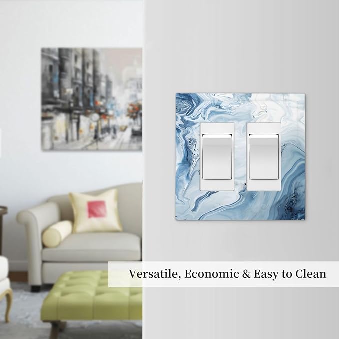 Light Blue Marble Texture Abstract Print Decorative Outlet Covers 2 Gang Double GFCI Rocker Electrical Wall Panels Light Switch Cover Plate for Bathroom Kitchen Home Decor