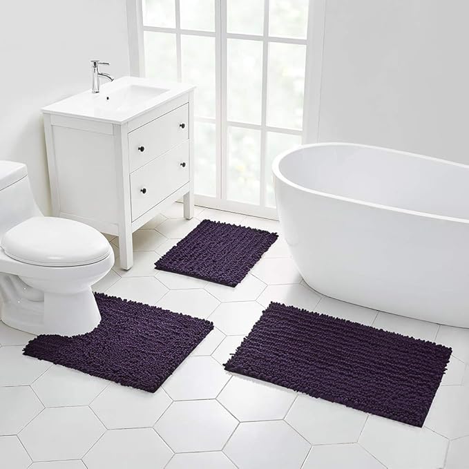 Walensee Bathroom Rug 2 Pieces Set Non Slip Bath Mat (20"x32" Plus 20"x24" U Dark Purple) Water Absorbent Super Soft Shaggy Chenille Machine Washable Dry Extra Thick Perfect Carpet for Shower Floor