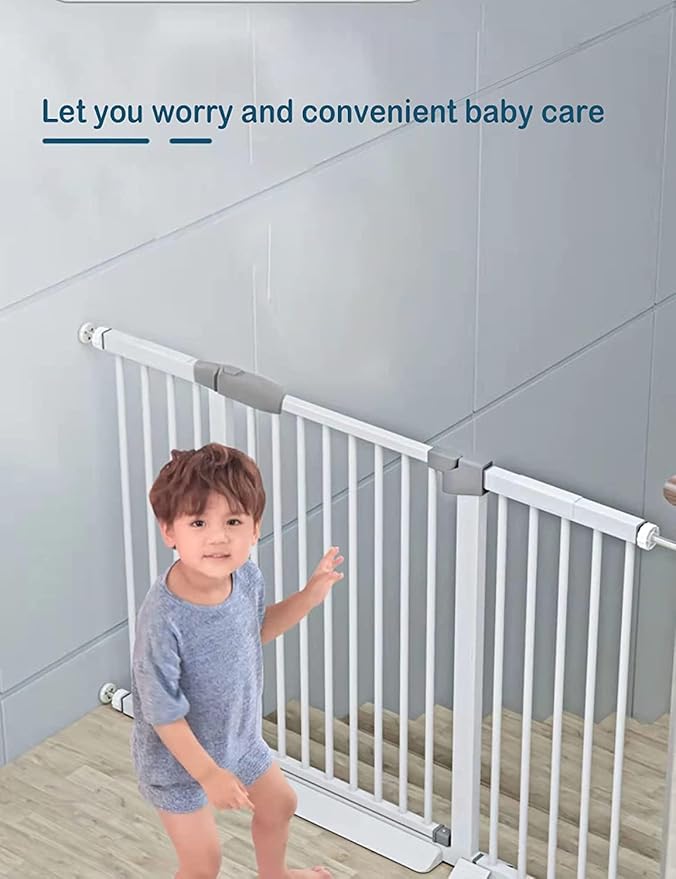 (60.5-113 in Width) Extra Long Baby Gate with Door, Large Dog Gate Indoor, Extra Wide Baby Gates for Doorways, Child Proof Gate, Kiddie Gates. White, Dog Gates for The House. Extra Tall Pet Gate.