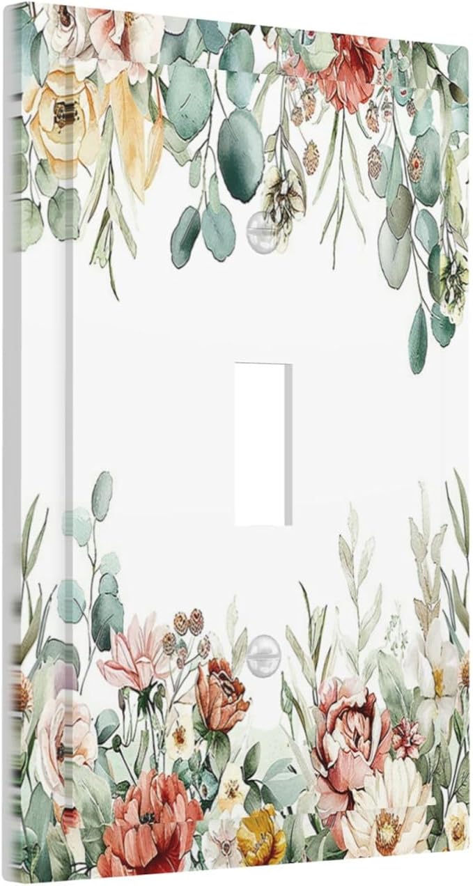 Decorative Light Switch Cover Vintage Boho Floral Leaves Rustic Sage Botanical 1 Gang Single Toggle Device Electrical Faceplate Switchplates Decorator Outlet Wall Plate for Bedroom Home Decor
