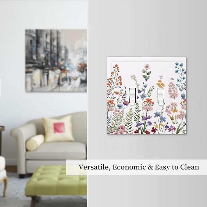 Rustic Wild Floral Vintage Colorful Flowers Double Toggle Light Switch Covers Decorative 2 Gang Wall Plate Cover Dual Device Electrical Switchplate Dimmer Faceplate for Bathroom Decor