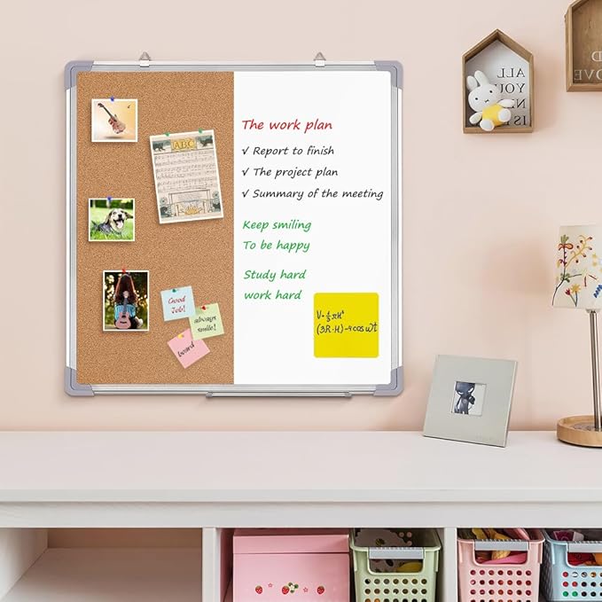 Cork Board White Board Combo - 24 x 24 Dry Erase Cork Board with 1 Dry Eraser, 4 Markers, 4 Magnets, 10 Thumb Tacks and 6 Magnetic Notes - Message Bulletin Board White Board for Home Office Desk