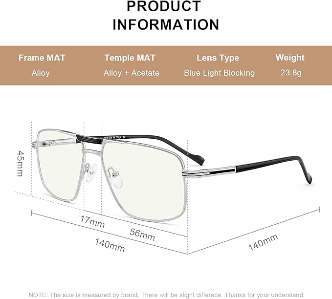 Reading Glasses for Men Square Double Bridge Blue Light Blocking Computer Readers