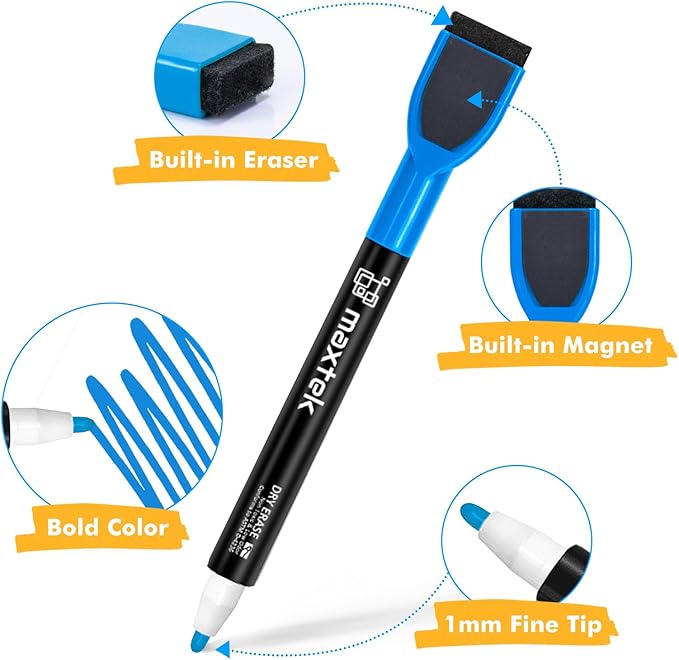 maxtek 36 Count Magnetic Dry Erase Markers, Fine Tip, 6 Colors, Low Odor Whiteboard Markers with Built-in Eraser