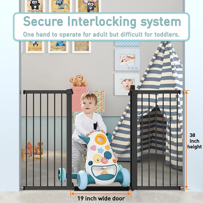 38.5" Extra Tall Dog Gate 79.13"-81.89" Wide - Long Large Pressure Mounted Baby Gates with Door for The House Stairs Doorway - Walk Through Toddler Puppy Pet Safety Fence Gate Black