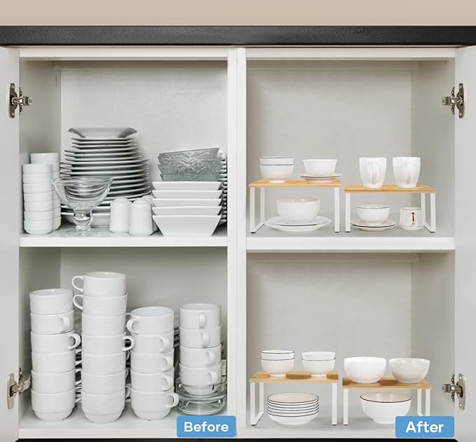 NEX Bamboo Kitchen Cabinet and Counter Shelf Organizer, Stackable & Expandable, Set of 4, White and Natural