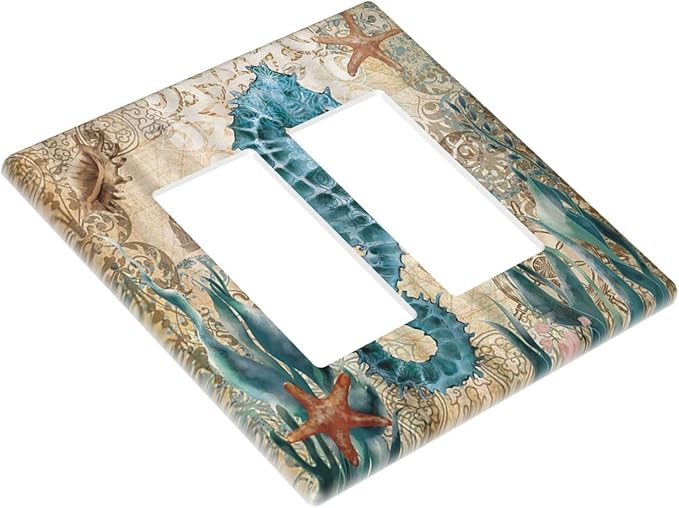 Vintage Blue Seahorse Seaweed Starfish Ocean Nautical Theme Double Rocker/Decora Outlet Cover 2 Gang Light Switch Cover Decorative Gfci Wall Plate Electrical Switchplate for Farmhouse Home