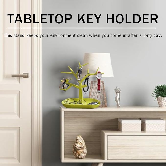 Tabletop Key Holder Stand Tree Key Rack,Stand Jewelry Display Necklace Ring Earring Holder Rack,Jewelry Organizer Tray Home Decor for Home Entryway (Green)