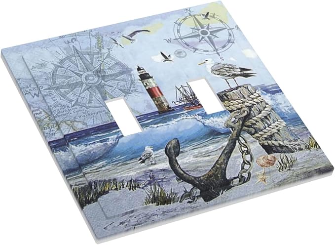 Light Switch Cover Sea Ocean Sand Coast Compass Ship Lighthouse Anchor 2 Gang Wall Plate Double Light Switch Plate Toggle Decorative Outlet Covers Electrical Switchplate for Bathroom Decor